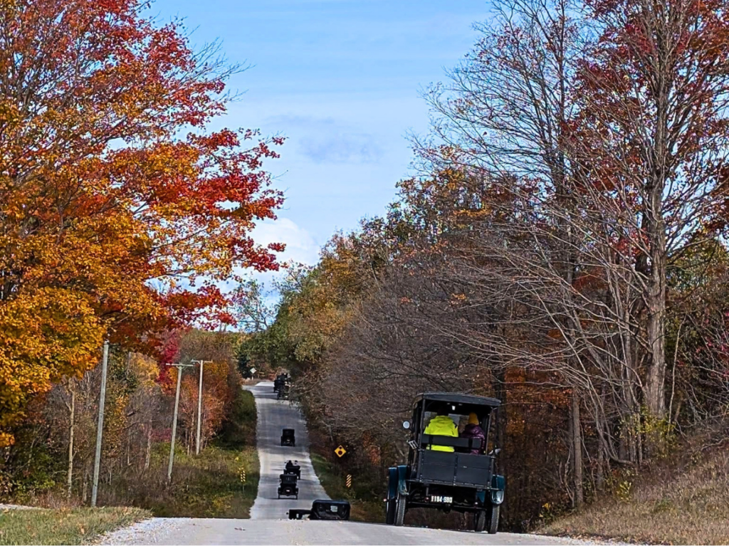 Model T's driving down the road with trees changing colors and losing leaves lining the road