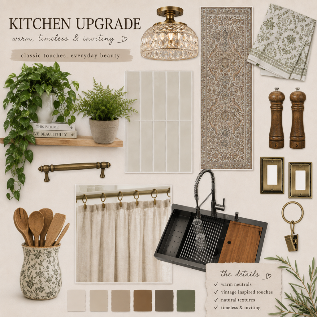 Mood board consisting of products that were used in the kitchen refresh