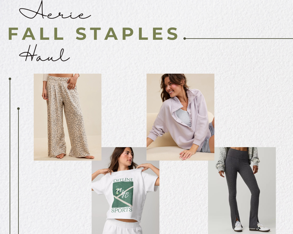Collage of the fall staples haul from Aerie consisting of pants and sweatshirts