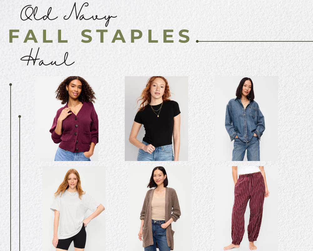 Collage of fall staples haul from Old Navy consisting of pants, shirts, and sweaters